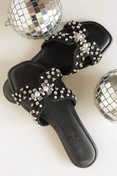 PHENOMINAAL_Black Lace Pearl And Embellished Flats _Online_at_Aza_Fashions