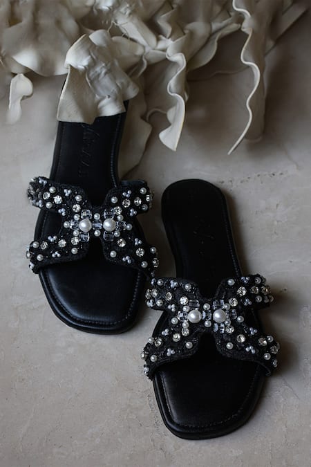 Shop_PHENOMINAAL_Black Lace Pearl And Embellished Flats _Online_at_Aza_Fashions