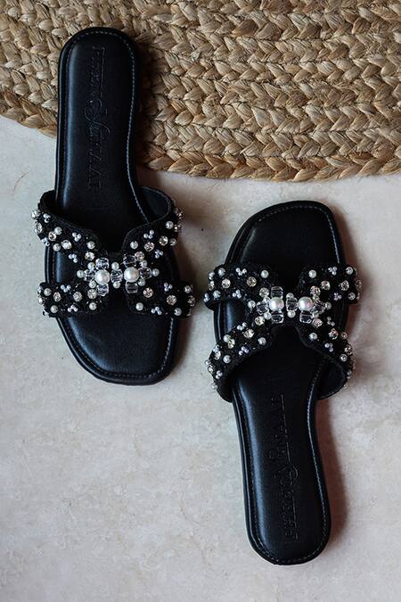 PHENOMINAAL_Black Lace Pearl And Embellished Flats _at_Aza_Fashions