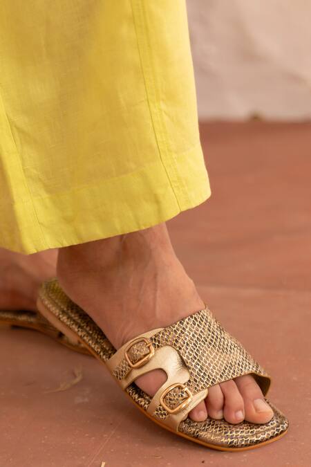 PHENOMINAAL_Gold Achilles Snake Pattern Flats _Online_at_Aza_Fashions