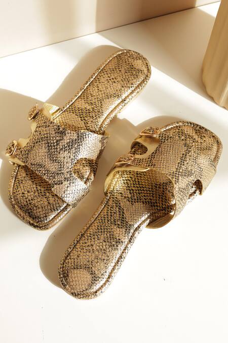 Buy_PHENOMINAAL_Gold Achilles Snake Pattern Flats _Online_at_Aza_Fashions