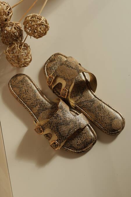 Shop_PHENOMINAAL_Gold Achilles Snake Pattern Flats _Online_at_Aza_Fashions