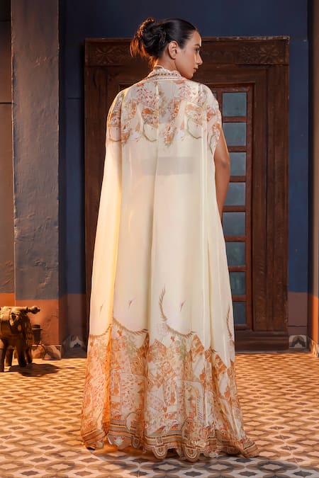 Shop_Ankur J_Cream Silk Embroidery, Zari V-neck Scallop Cape With Draped Skirt Set _at_Aza_Fashions