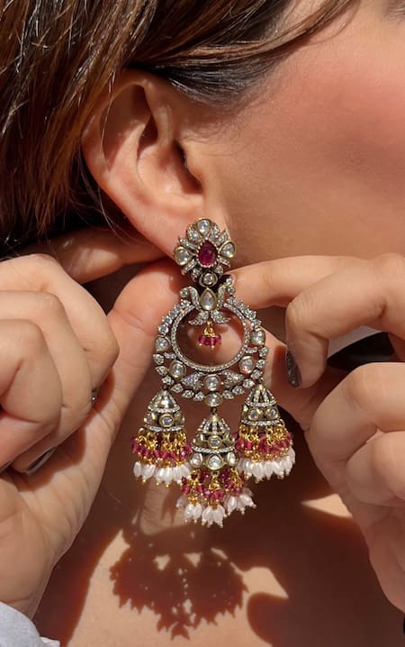Prestones Multi Color Stones, Rhinestones, Pearls Kundan Polki Embellished Danglers 