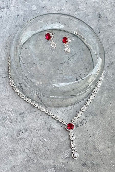 Prestones Red Diamonds, Stones, Zari Faux Embellished Pendant Necklace Set 