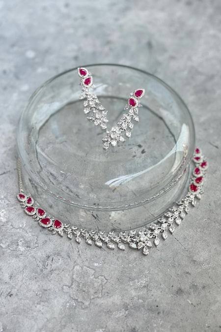 Shop_Prestones_Red Diamonds, Zari Leaf Carved Choker Set _at_Aza_Fashions