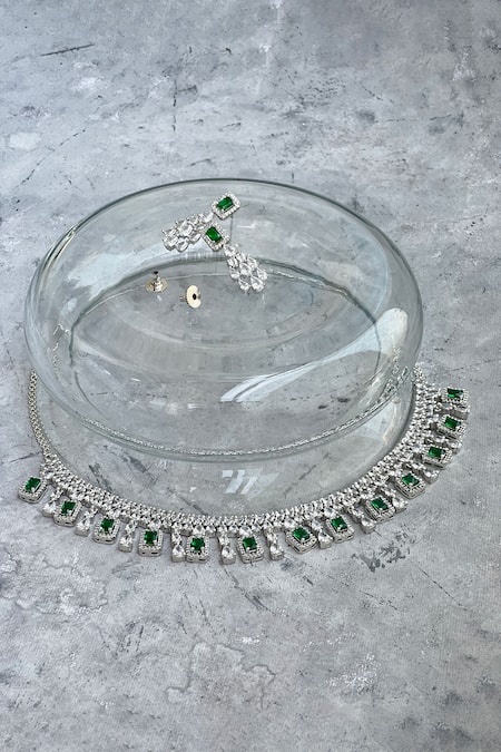 Shop Prestones Green Zari, Diamonds Zirconia Embellished Choker Set at Aza Fashions Shop_Prestones_Green Zari, Diamonds Zirconia Embellished Choker Set _at_Aza_Fashions