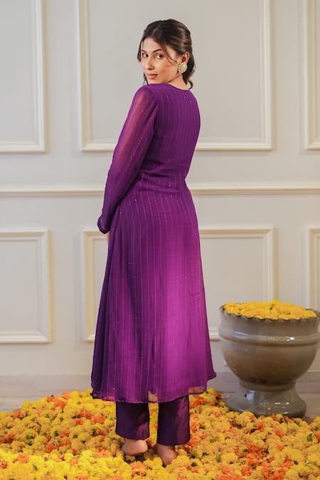 Shop_Label Flamingo By Vrinda_Purple Georgette, Chanderi Embroidery, Sequins Zardozi Hand Kurta With Pant _at_Aza_Fashions