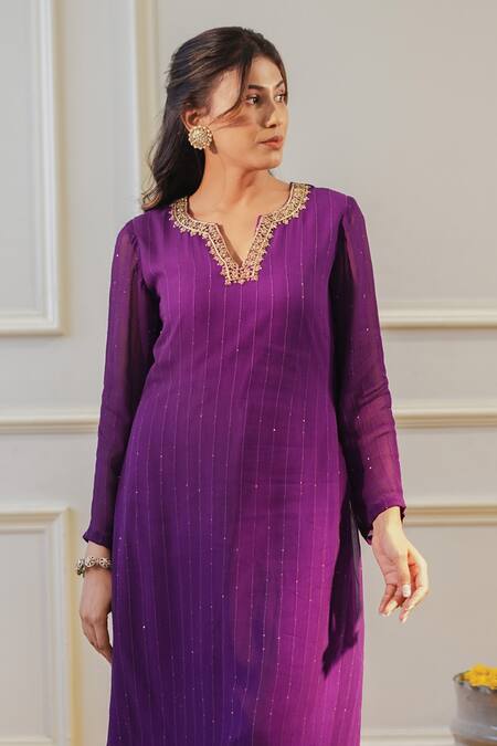 Label Flamingo By Vrinda_Purple Georgette, Chanderi Embroidery, Sequins Zardozi Hand Kurta With Pant _Online_at_Aza_Fashions