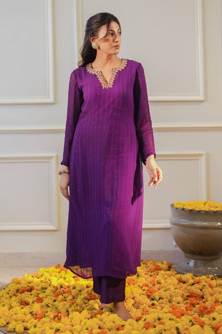 Buy_Label Flamingo By Vrinda_Purple Georgette, Chanderi Embroidery, Sequins Zardozi Hand Kurta With Pant _Online_at_Aza_Fashions