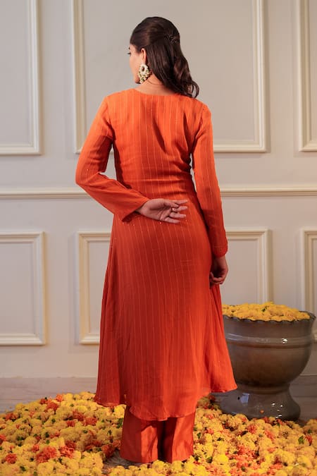 Shop_Label Flamingo By Vrinda_Orange Georgette, Chanderi Embroidery, Sequins Round Zardozi Kurta With Pant _at_Aza_Fashions