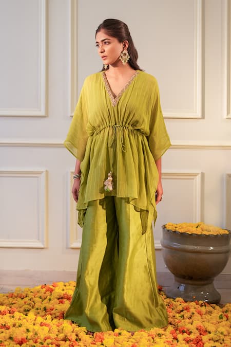 Flamingo the label Green Kaftan Georgette Hand Embroidery V Neck With Flared Pant 