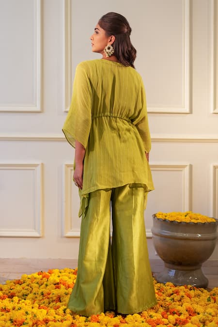 Shop_Label Flamingo By Vrinda_Green Georgette, Chanderi Tassels Hand Embroidered Kaftan With Flared Pant _at_Aza_Fashions