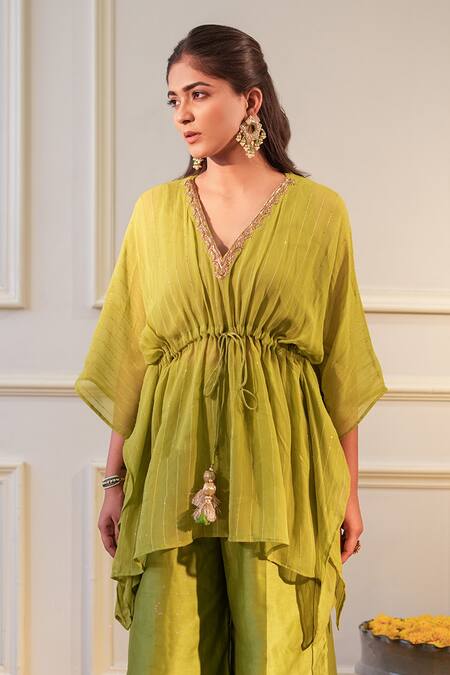 Label Flamingo By Vrinda_Green Georgette, Chanderi Tassels Hand Embroidered Kaftan With Flared Pant _Online_at_Aza_Fashions