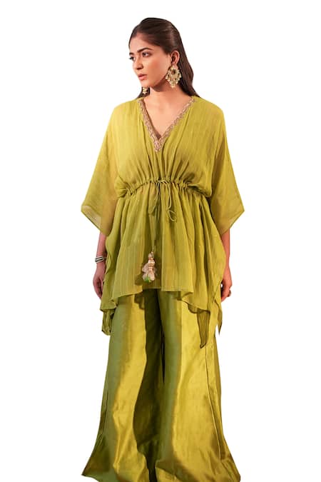 Buy_Label Flamingo By Vrinda_Green Georgette, Chanderi Tassels Hand Embroidered Kaftan With Flared Pant _Online_at_Aza_Fashions