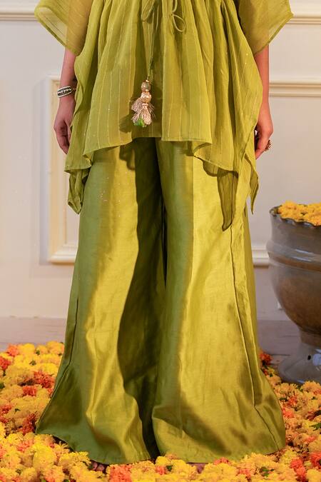 Shop_Label Flamingo By Vrinda_Green Georgette, Chanderi Tassels Hand Embroidered Kaftan With Flared Pant _Online_at_Aza_Fashions