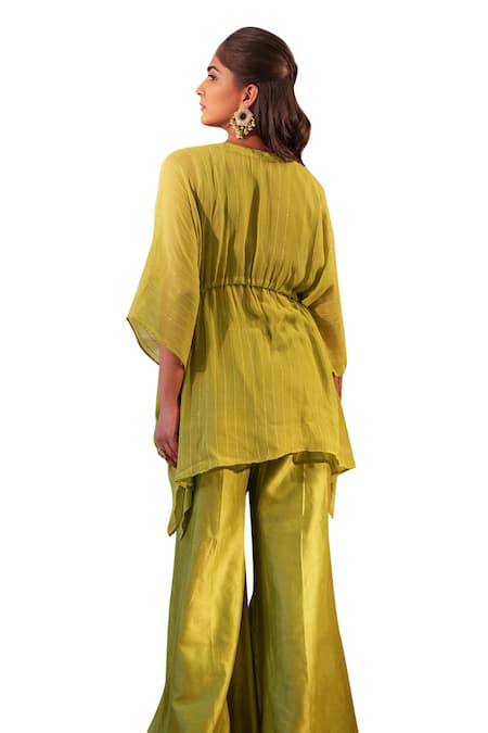 Label Flamingo By Vrinda_Green Georgette, Chanderi Tassels Hand Embroidered Kaftan With Flared Pant _at_Aza_Fashions