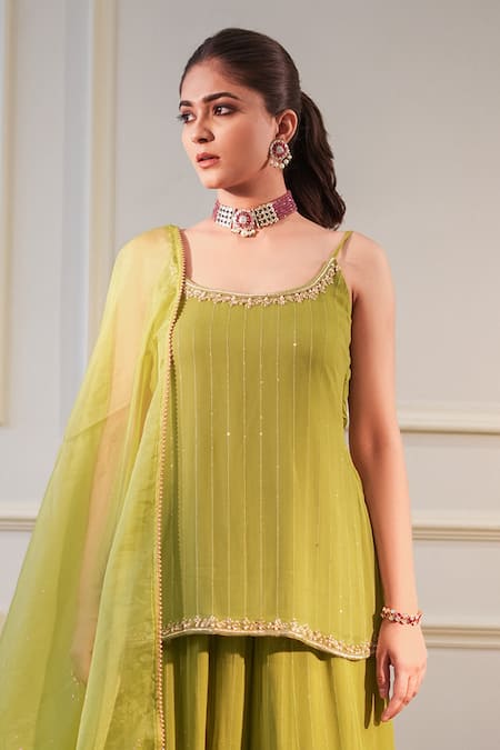 Label Flamingo By Vrinda_Green Georgette, Organza Embroidery, Sequins, Floral Hand Kurta Gharara Set _Online_at_Aza_Fashions