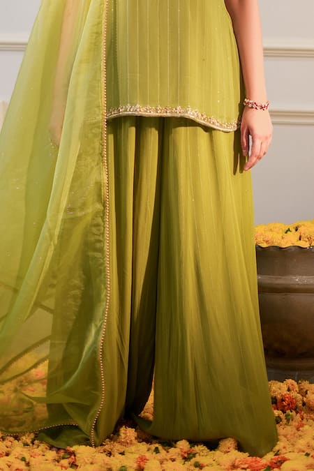 Buy_Label Flamingo By Vrinda_Green Georgette, Organza Embroidery, Sequins, Floral Hand Kurta Gharara Set _Online_at_Aza_Fashions