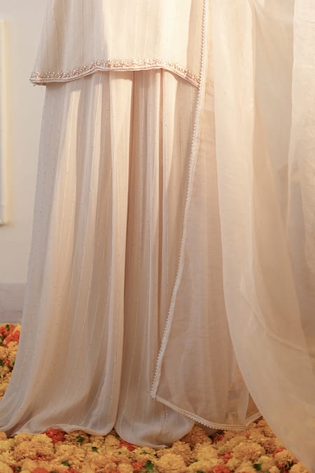 Buy_Label Flamingo By Vrinda_Ivory Georgette, Organza Embroidery, Sequins Round Neck Floral Hand Gharara Set _Online_at_Aza_Fashions