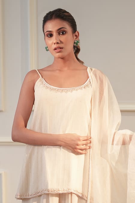 Shop_Label Flamingo By Vrinda_Ivory Georgette, Organza Embroidery, Sequins Round Neck Floral Hand Gharara Set _Online_at_Aza_Fashions