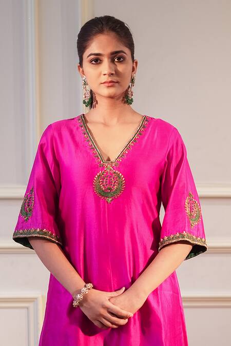 Label Flamingo By Vrinda Pink Silk, Embroidery Split Zari Hand Kurta With Salwar Online at Aza Fashions Label Flamingo By Vrinda_Pink Silk, Embroidery Split Zari Hand Kurta With Salwar _Online_at_Aza_Fashions