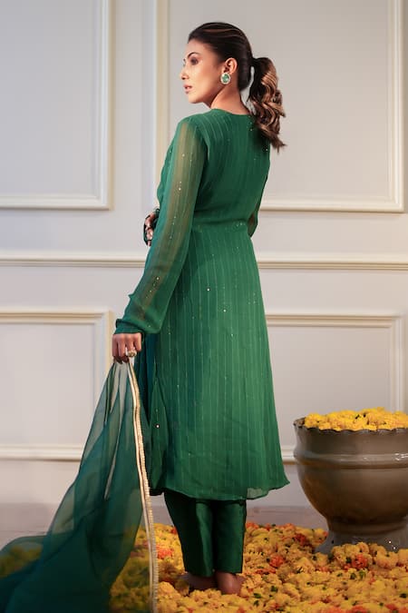 Shop Label Flamingo By Vrinda Green Georgette, Chanderi, Organza Tassels, Floral Hand Angarkha Pant Set at Aza Fashions Shop_Label Flamingo By Vrinda_Green Georgette, Chanderi, Organza Tassels, Floral Hand Angarkha Pant Set _at_Aza_Fashions