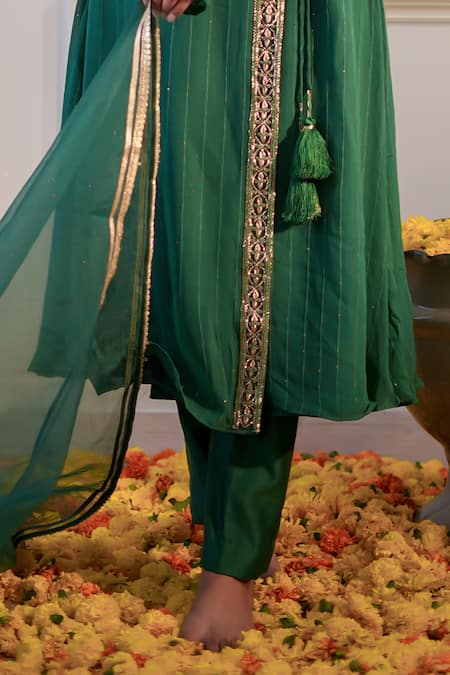 Label Flamingo By Vrinda Green Georgette, Chanderi, Organza Tassels, Floral Hand Angarkha Pant Set Online at Aza Fashions Label Flamingo By Vrinda_Green Georgette, Chanderi, Organza Tassels, Floral Hand Angarkha Pant Set _Online_at_Aza_Fashions