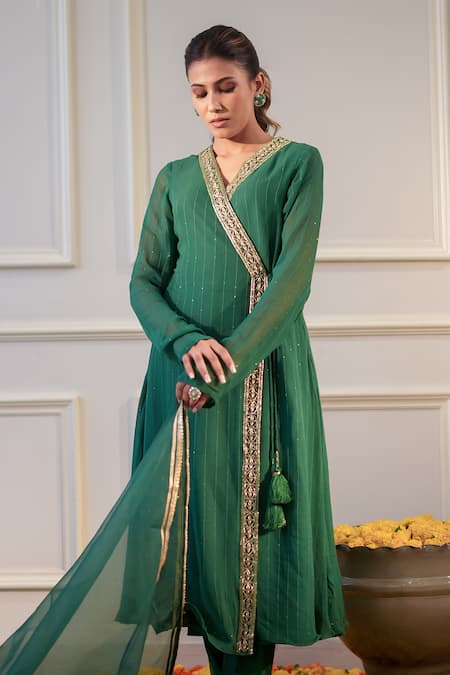 Buy Label Flamingo By Vrinda Green Georgette, Chanderi, Organza Tassels, Floral Hand Angarkha Pant Set Online at Aza Fashions Buy_Label Flamingo By Vrinda_Green Georgette, Chanderi, Organza Tassels, Floral Hand Angarkha Pant Set _Online_at_Aza_Fashions