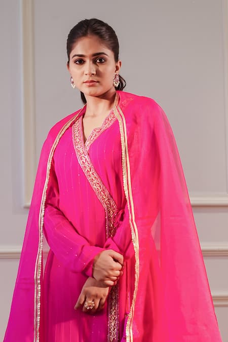 Label Flamingo By Vrinda Pink Georgette, Chanderi, Organza Embroidery, Sequins Floral Hand Angarkha Set Online at Aza Fashions Label Flamingo By Vrinda_Pink Georgette, Chanderi, Organza Embroidery, Sequins Floral Hand Angarkha Set _Online_at_Aza_Fashions