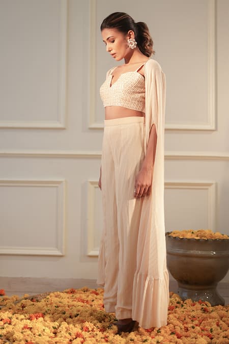 Shop_Label Flamingo By Vrinda_Ivory Silk, Georgette Pearls, Sequins Split Hand Embroidered Pant Set With Cape _at_Aza_Fashions