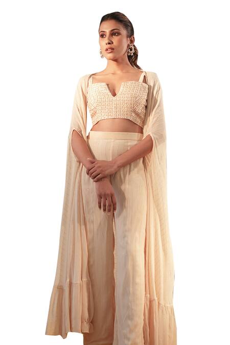 Buy_Label Flamingo By Vrinda_Ivory Silk, Georgette Pearls, Sequins Split Hand Embroidered Pant Set With Cape _Online_at_Aza_Fashions