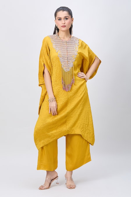 MINAXI DADOO Yellow Dupion Silk Embellished Dori Work Round Crushed Kaftan And Pant Set 