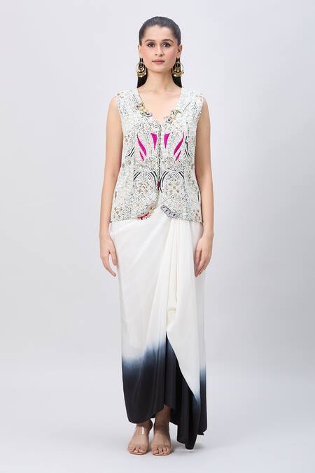 Shop Minaxi Dadoo Pink Silk Embroidery V-neck Embellished Cape And Shaded Skirt Set Shop_Minaxi Dadoo_Pink Silk Embroidery V-neck Embellished Cape And Shaded Skirt Set