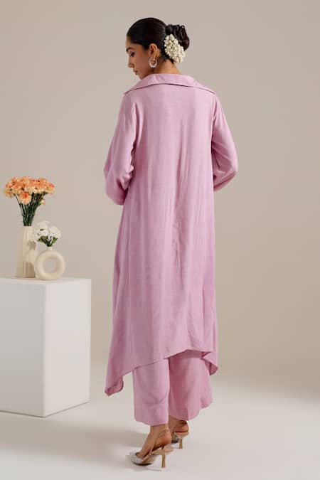 Shop Siyona By Ankurita Purple Cotton Slub Embroidery Stones V-neck Asymmetric Kurta With Pant at Aza Fashions Shop_Siyona By Ankurita_Purple Cotton Slub Embroidery Stones V-neck Asymmetric Kurta With Pant _at_Aza_Fashions