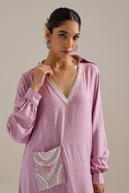 Siyona By Ankurita Purple Cotton Slub Embroidery Stones V-neck Asymmetric Kurta With Pant Online at Aza Fashions Siyona By Ankurita_Purple Cotton Slub Embroidery Stones V-neck Asymmetric Kurta With Pant _Online_at_Aza_Fashions