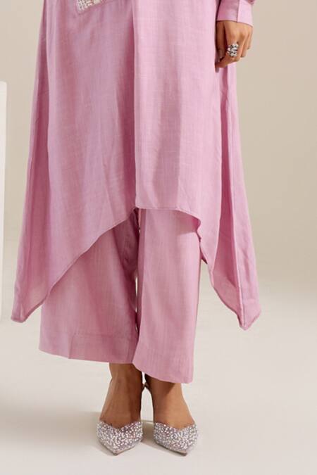 Buy Siyona By Ankurita Purple Cotton Slub Embroidery Stones V-neck Asymmetric Kurta With Pant Online at Aza Fashions Buy_Siyona By Ankurita_Purple Cotton Slub Embroidery Stones V-neck Asymmetric Kurta With Pant _Online_at_Aza_Fashions