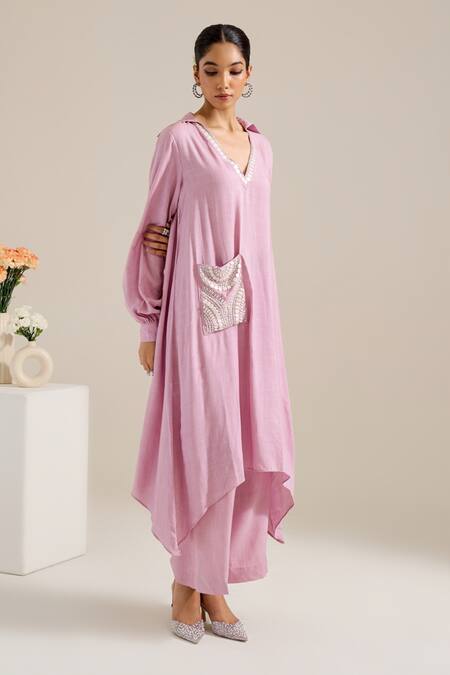 Shop Siyona By Ankurita Purple Cotton Slub Embroidery Stones V-neck Asymmetric Kurta With Pant Online at Aza Fashions Shop_Siyona By Ankurita_Purple Cotton Slub Embroidery Stones V-neck Asymmetric Kurta With Pant _Online_at_Aza_Fashions