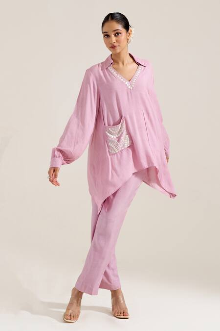 Shop Siyona By Ankurita Purple Cotton Slub Embroidery Stones V-neck Asymmetric Top With Pant Online at Aza Fashions Shop_Siyona By Ankurita_Purple Cotton Slub Embroidery Stones V-neck Asymmetric Top With Pant _Online_at_Aza_Fashions