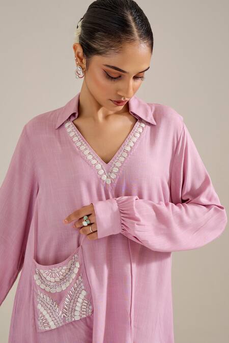 Siyona By Ankurita Purple Cotton Slub Embroidery Stones V-neck Asymmetric Top With Pant at Aza Fashions Siyona By Ankurita_Purple Cotton Slub Embroidery Stones V-neck Asymmetric Top With Pant _at_Aza_Fashions