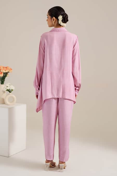 Shop Siyona By Ankurita Purple Cotton Slub Embroidery Stones V-neck Asymmetric Top With Pant at Aza Fashions Shop_Siyona By Ankurita_Purple Cotton Slub Embroidery Stones V-neck Asymmetric Top With Pant _at_Aza_Fashions