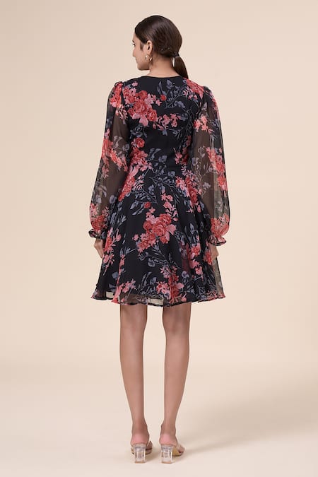 Shop Naintara Bajaj Black Chiffon V-neck Glory Lilly Floral Print Dress at Aza Fashions Shop_Naintara Bajaj_Black Chiffon V-neck Glory Lilly Floral Print Dress _at_Aza_Fashions
