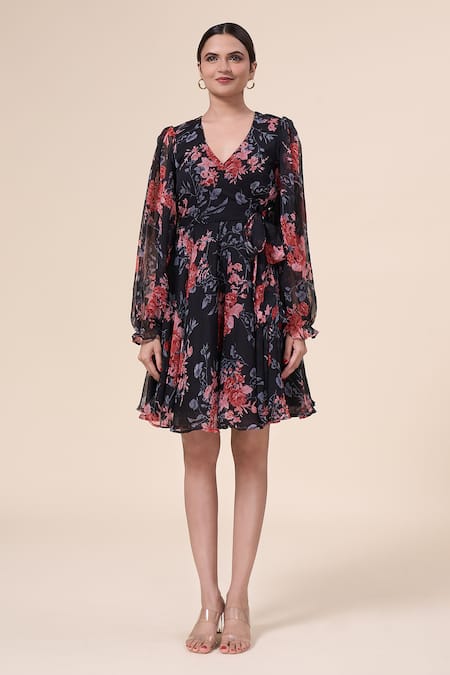 Naintara Bajaj Black Chiffon V-neck Glory Lilly Floral Print Dress Online at Aza Fashions Naintara Bajaj_Black Chiffon V-neck Glory Lilly Floral Print Dress _Online_at_Aza_Fashions