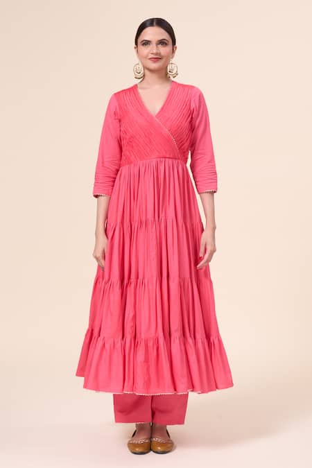 Naintara Bajaj_Pink Cotton, Chiffon Gota Patti V-neck Persian Butter Cup Anarkali Pant Set _Online_at_Aza_Fashions