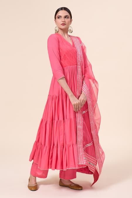 Buy_Naintara Bajaj_Pink Cotton, Chiffon Gota Patti V-neck Persian Butter Cup Anarkali Pant Set _Online_at_Aza_Fashions