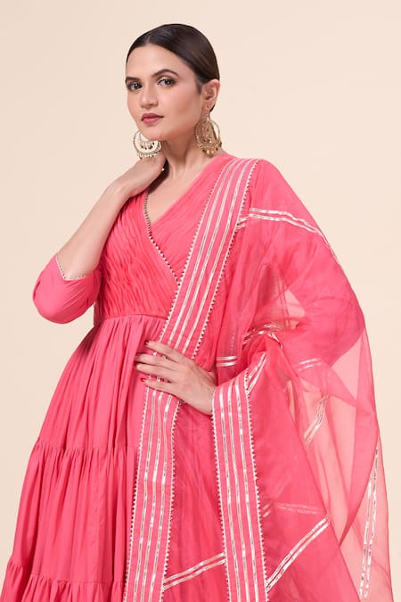 Shop_Naintara Bajaj_Pink Cotton, Chiffon Gota Patti V-neck Persian Butter Cup Anarkali Pant Set _Online_at_Aza_Fashions