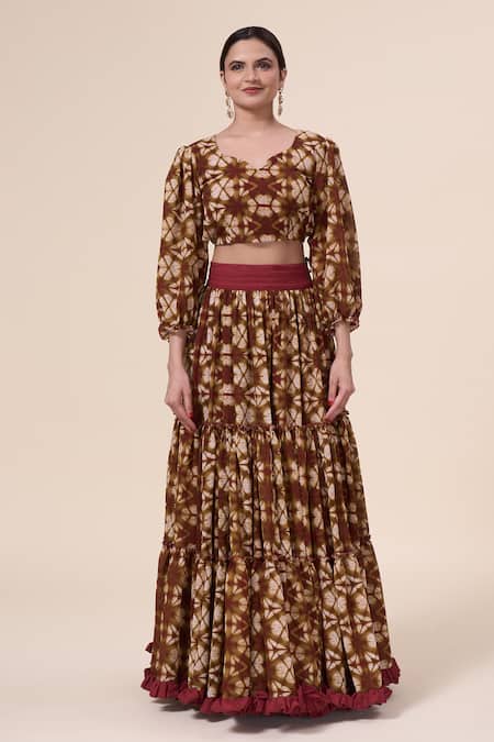 Naintara Bajaj_Maroon Georgette Ruffles, Tassels Polo Collar Cosmos Pattern Lehenga Set _Online_at_Aza_Fashions