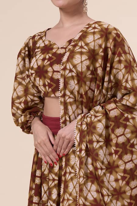 Buy_Naintara Bajaj_Maroon Georgette Ruffles, Tassels Polo Collar Cosmos Pattern Lehenga Set _Online_at_Aza_Fashions