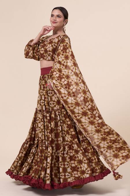 Shop_Naintara Bajaj_Maroon Georgette Ruffles, Tassels Polo Collar Cosmos Pattern Lehenga Set _Online_at_Aza_Fashions
