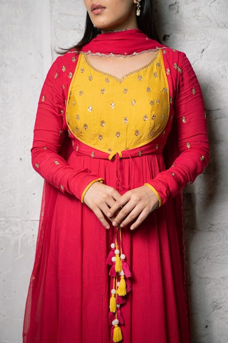 Buy Pooja Kankariya Fuchsia Chiffon, Silk Sequins, Zari And Embroidered Anarkali Churidar Set Buy_Pooja Kankariya_Fuchsia Chiffon, Silk Sequins, Zari And Embroidered Anarkali Churidar Set